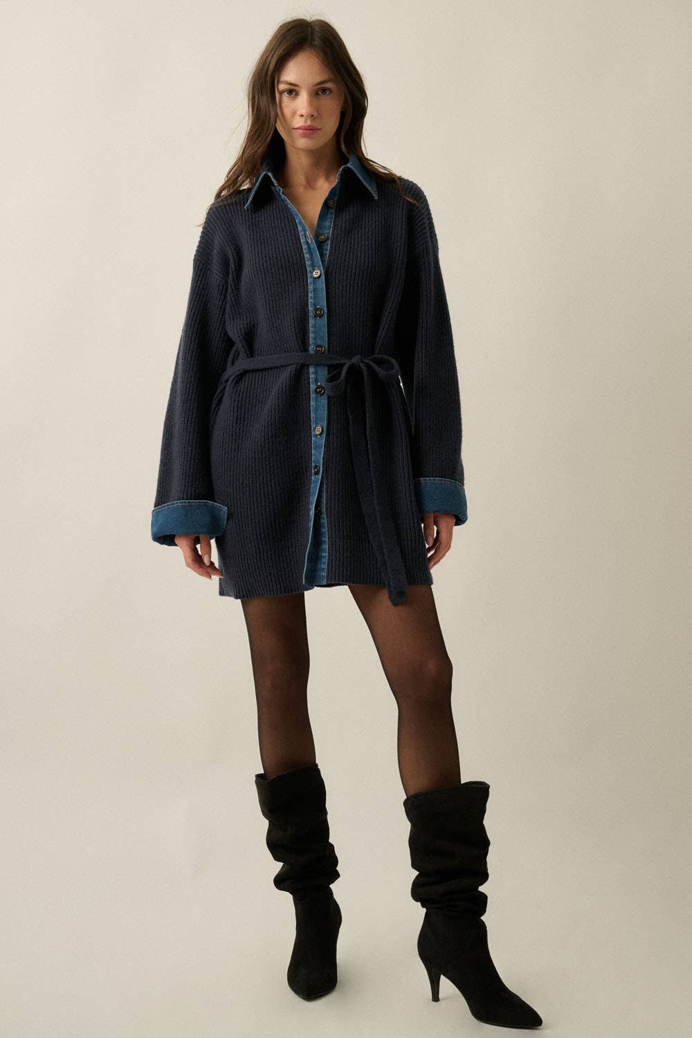 Rib-Knit & Denim Collared Buttoned Belted Mini Sweater Dress