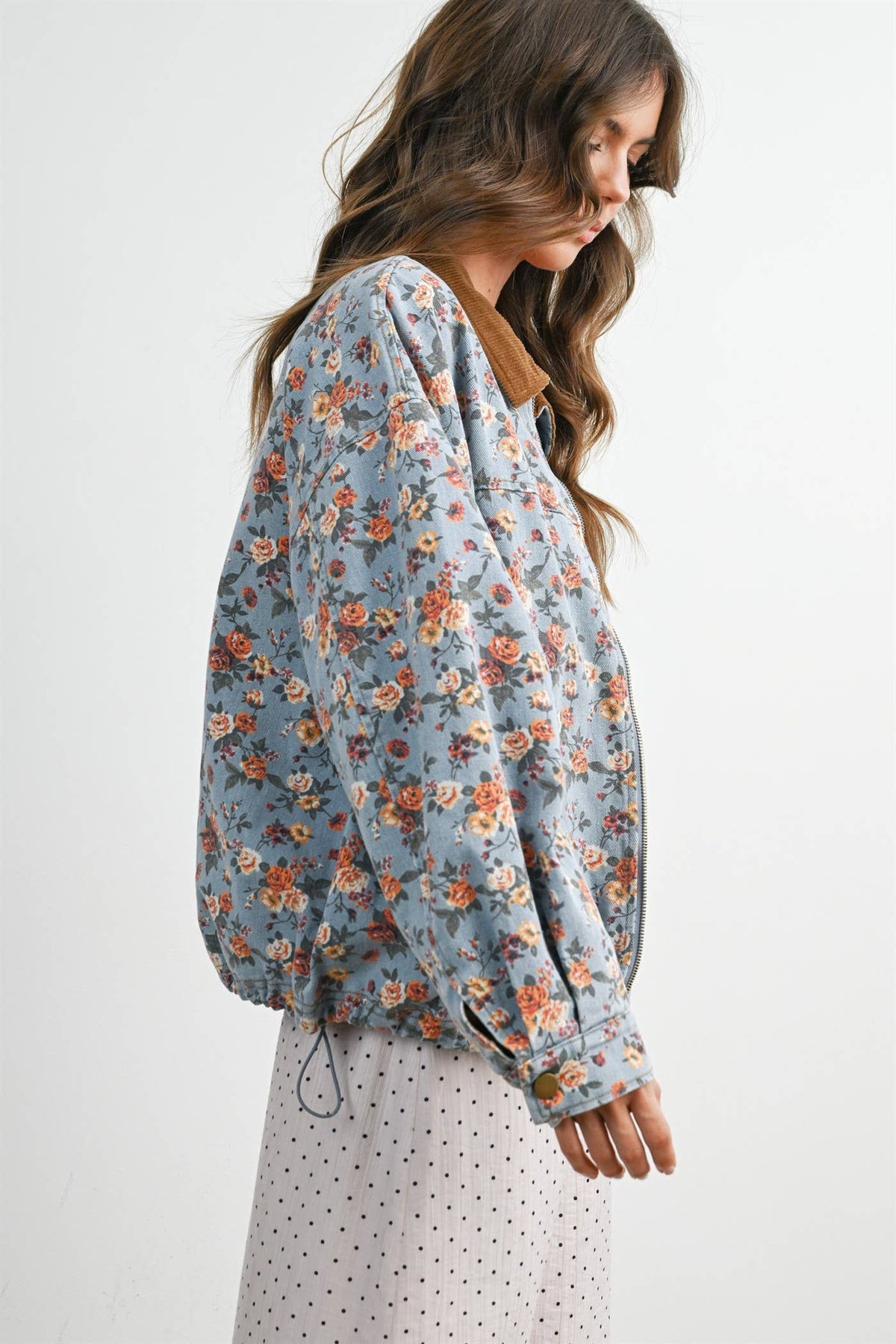 Floral Print Corduroy Collar Jacket