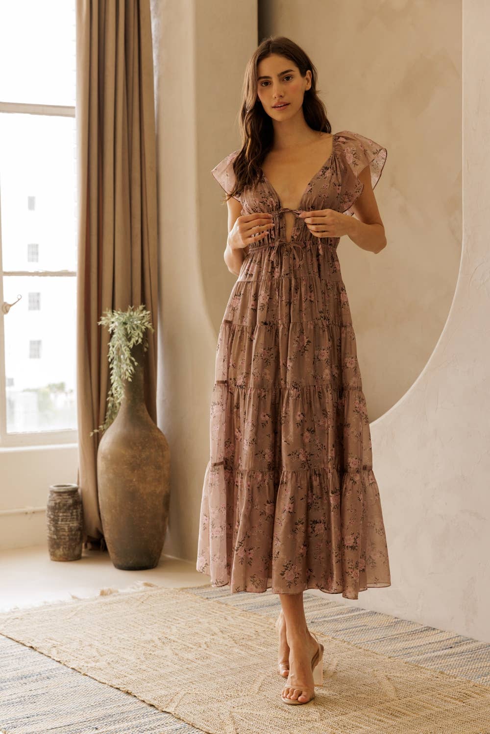 Floral Tie Front Tiered A-line Dress