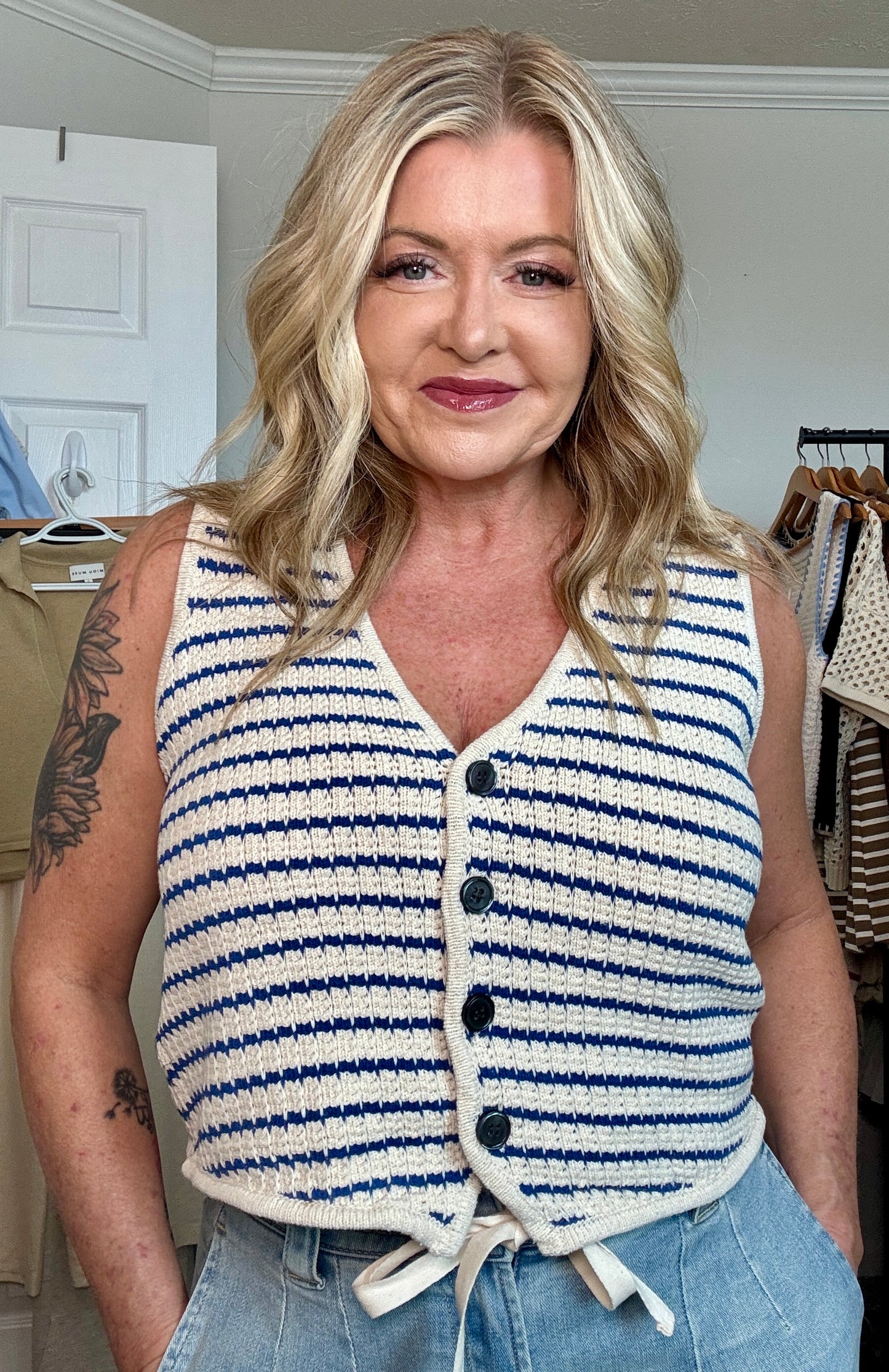 Striped V-Neck Button-Down Sweater Vest