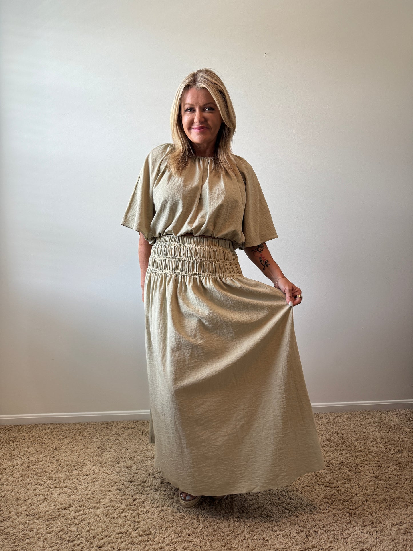 Smocked Waistband A-Line Maxi Skirt