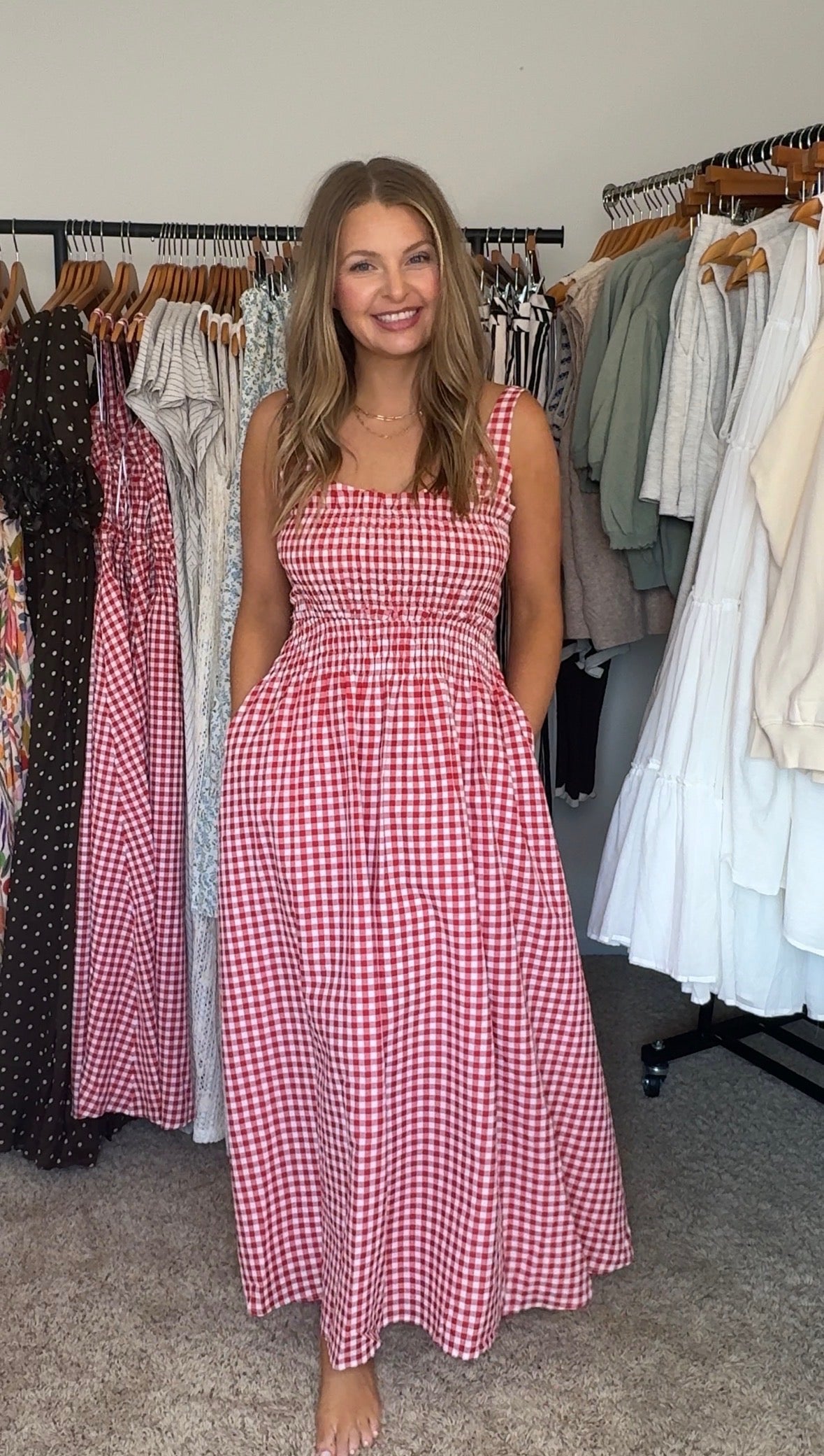 Gingham Smocked Bodice Midi Dress