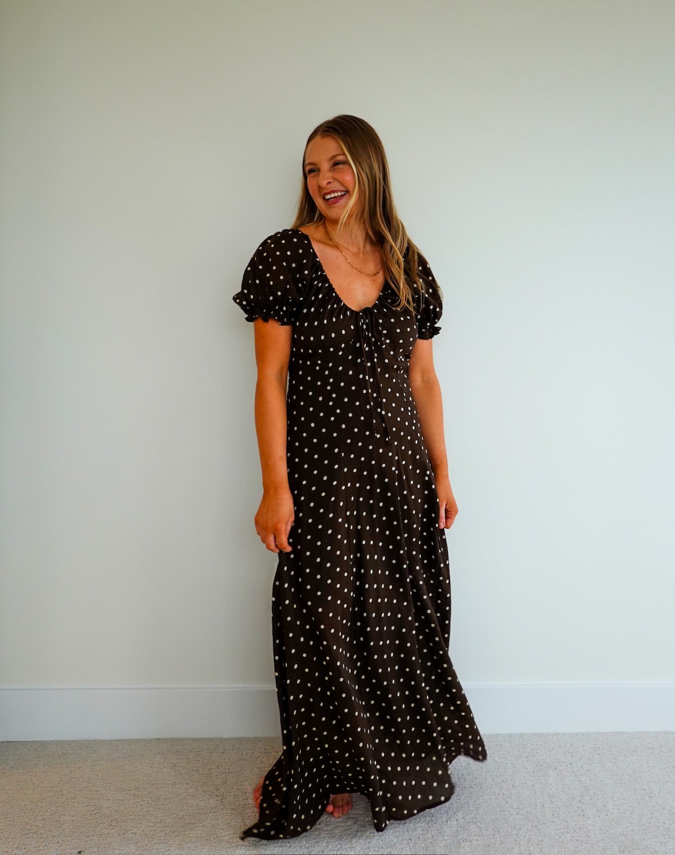 Woven Rayon Polyester Polka Dot Print Long Dress