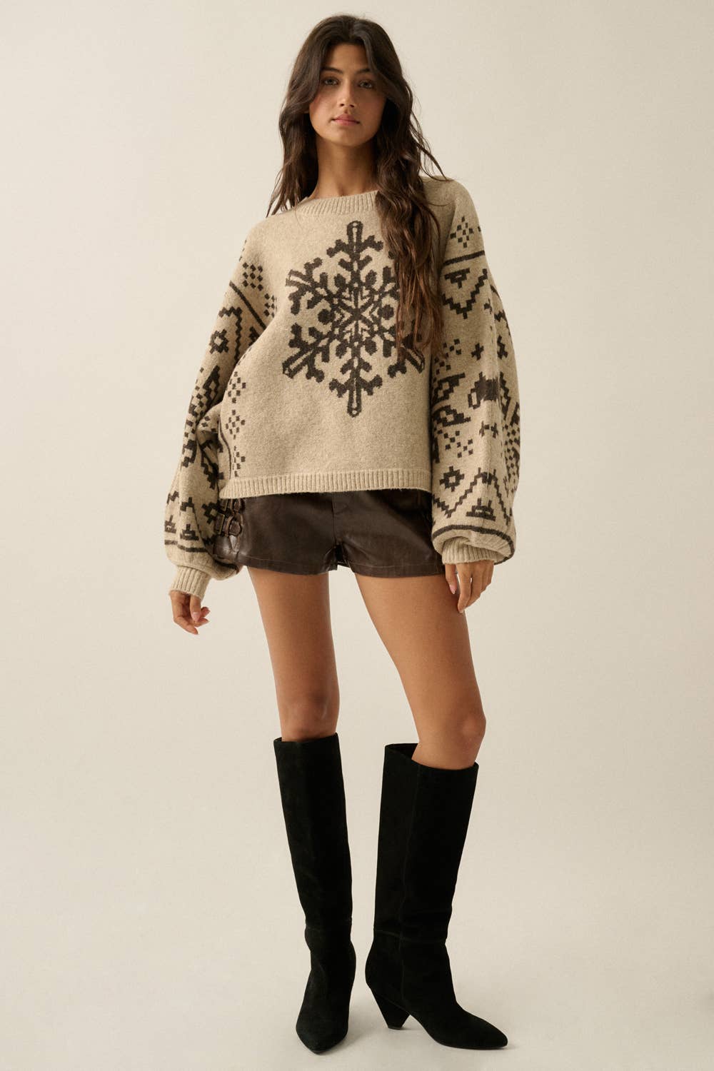 Snowflake Nordic Jacquard-Knit Dolman-Sleeve Sweater- Red and Sand