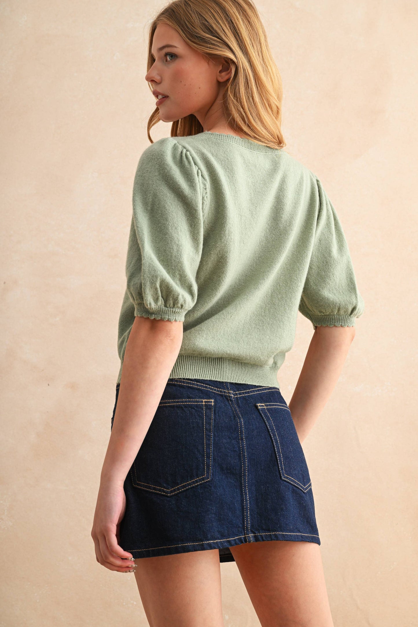 Puff Short Sleeve Button Down Knit Cardigan