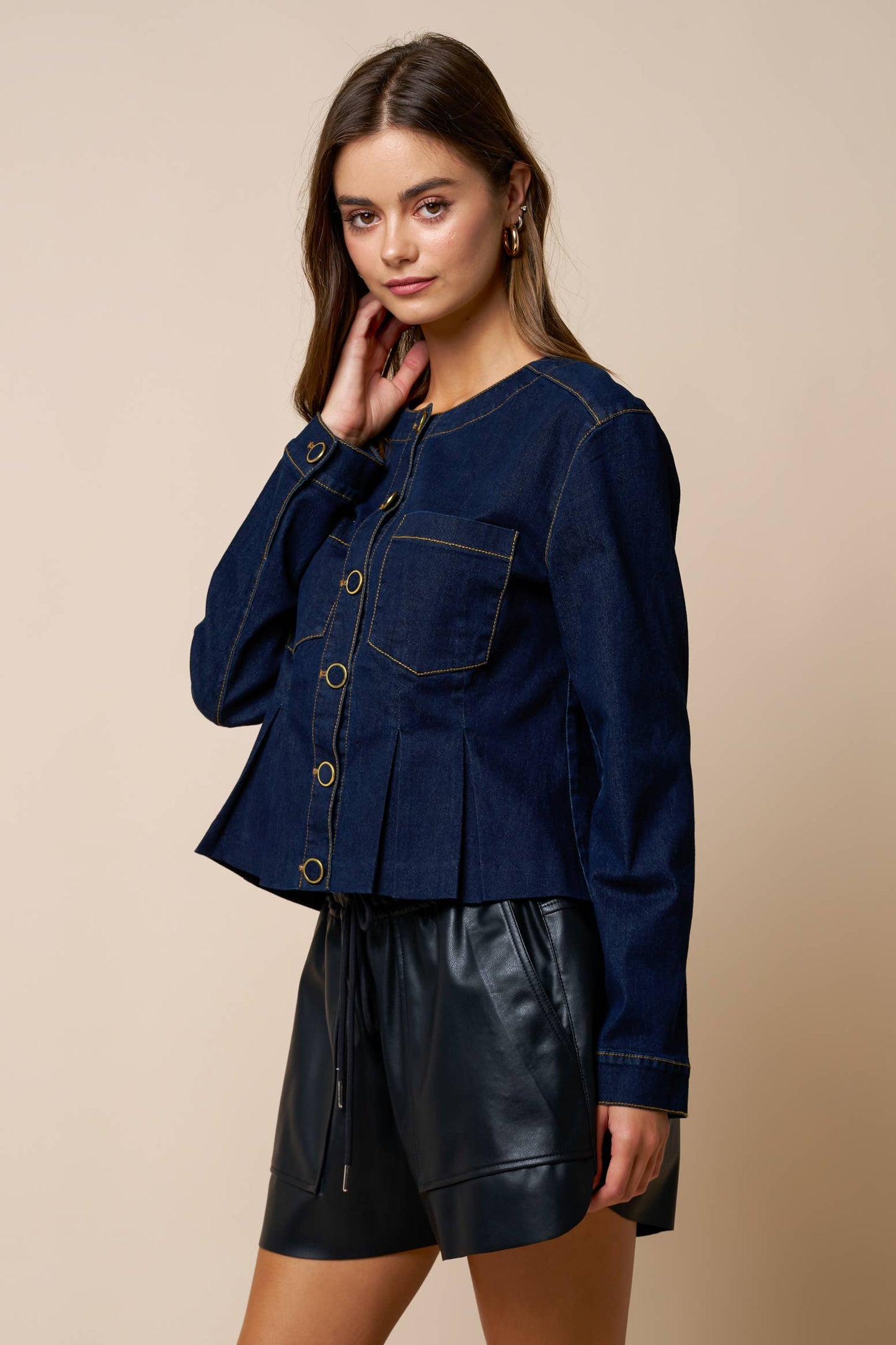 Denim Pleated Peplum Button Down Jacket