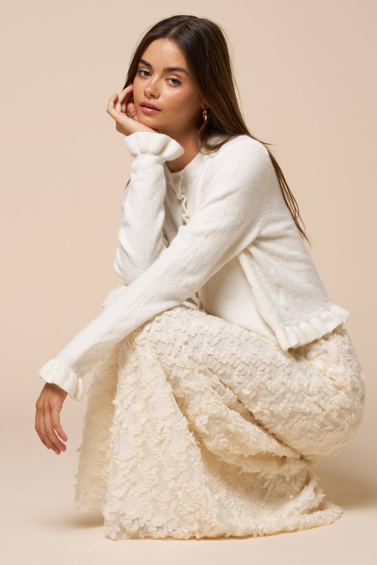 Ruffled Hem Long Sleeve Sweater Button-Down Cardigan