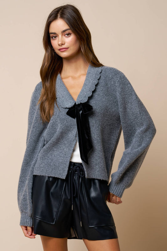 Velvet Bow Detail Scalloped Collar Cardigan