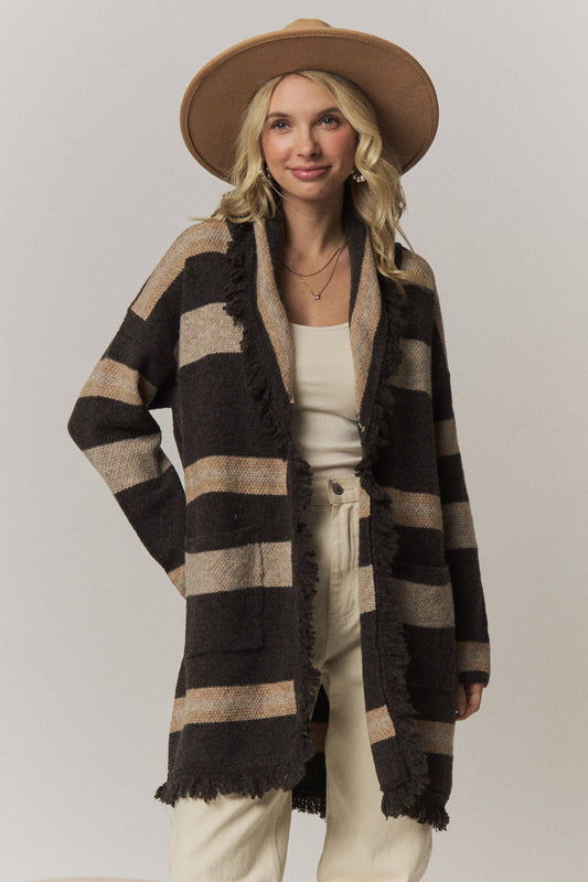 Boho Striped Fringe Long Cardigan