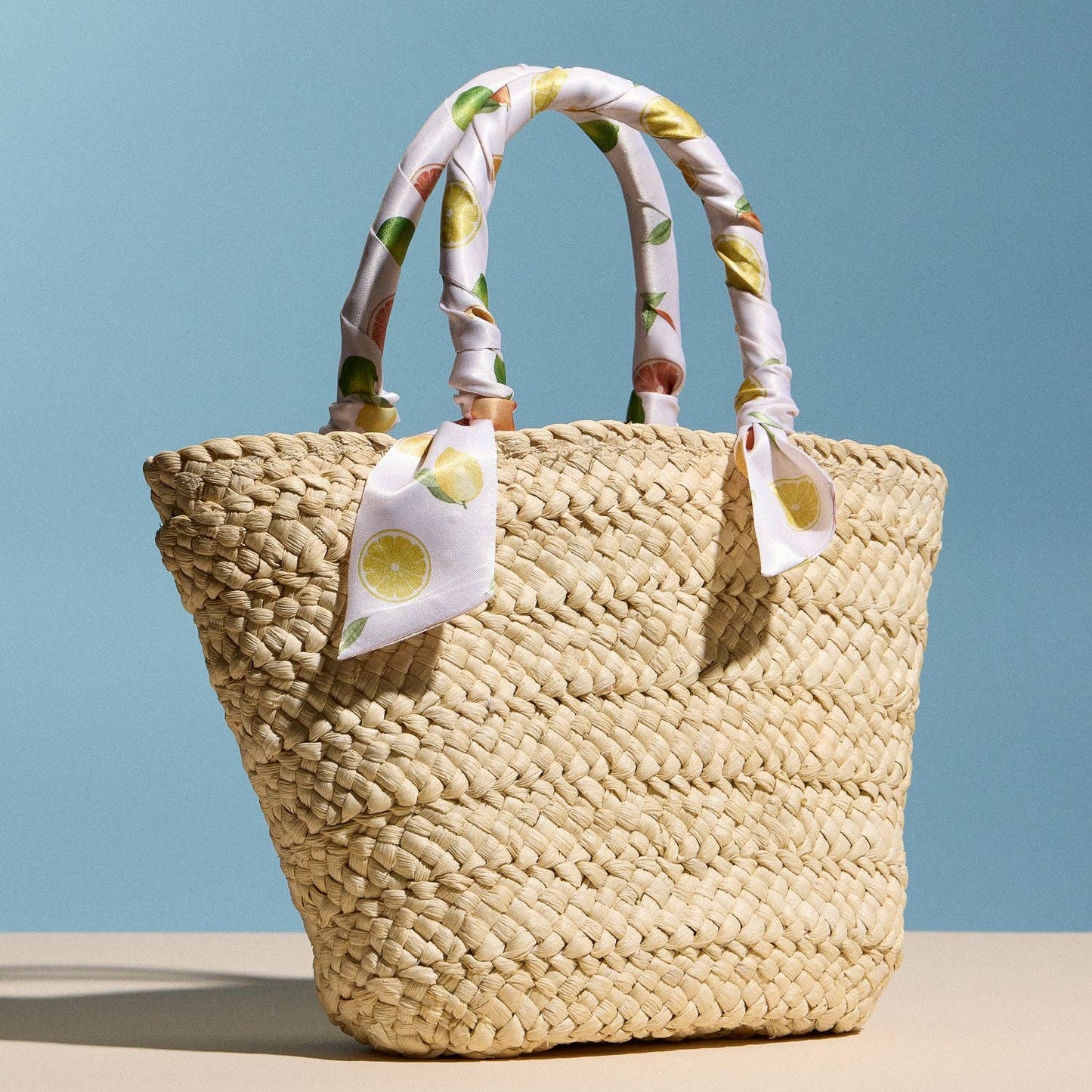 Woven Raffia Mini Tote Bag with Lemon Scarf Handles and Lining