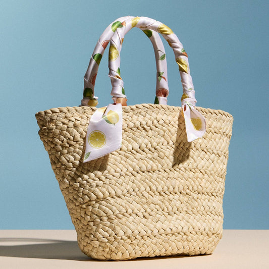 Woven Raffia Mini Tote Bag with Lemon Scarf Handles and Lining
