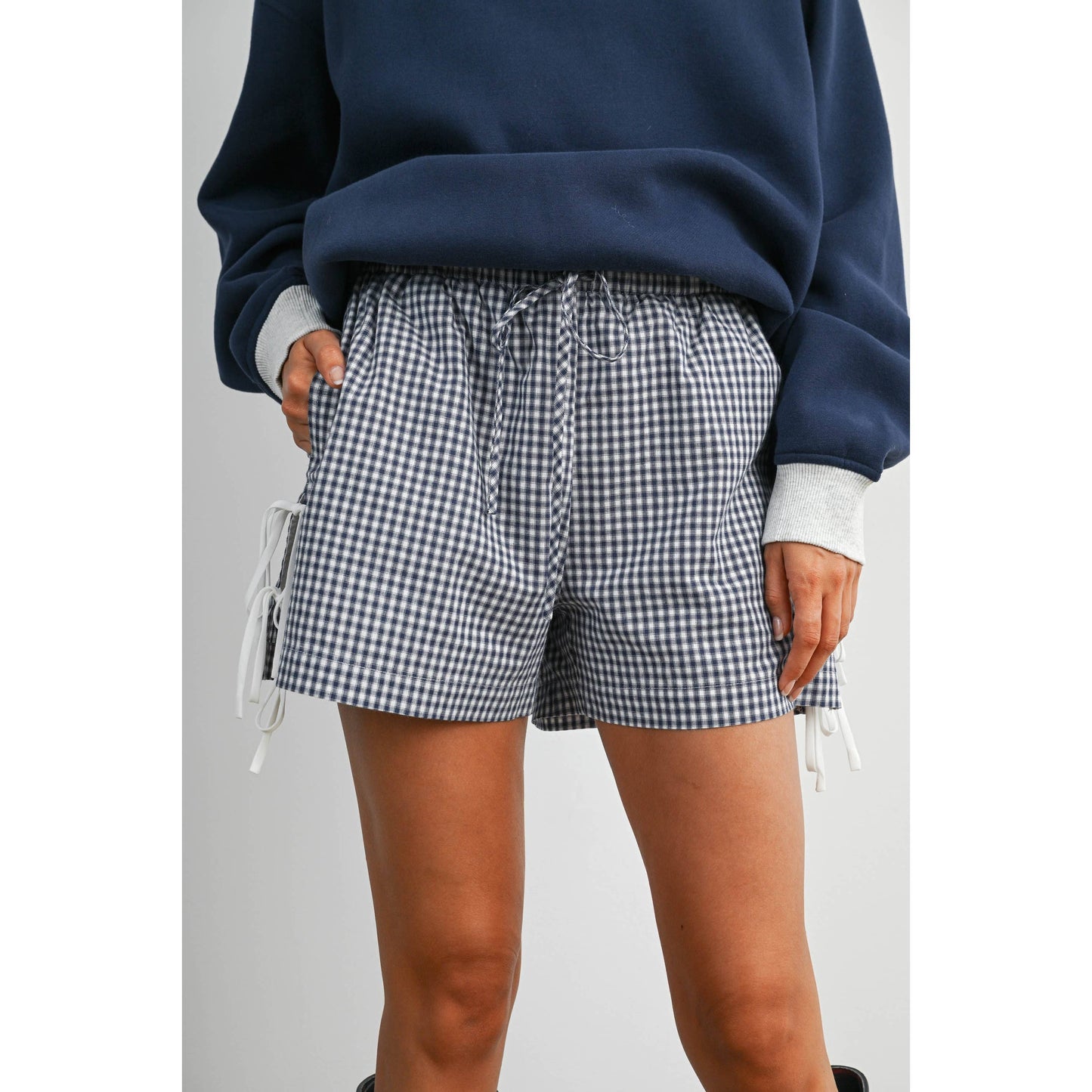 Women's Gingham Tie-Side Shorts- Navy & Red
