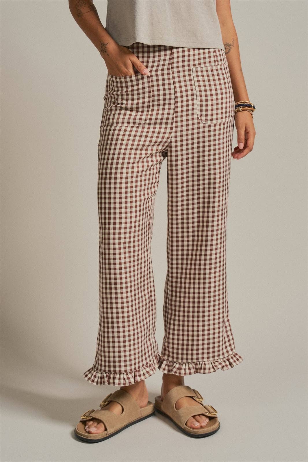 Gingham Ruffle Hem Cropped Wide Leg Pants
