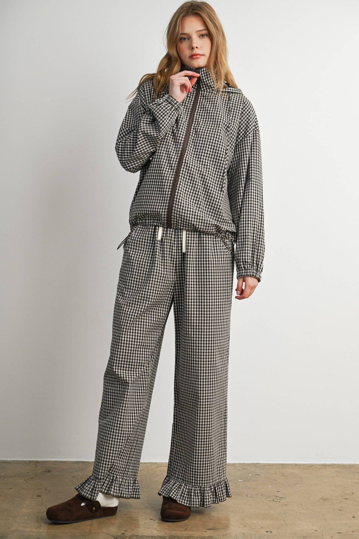 Gingham Ruffle Hem Wide Leg Pants