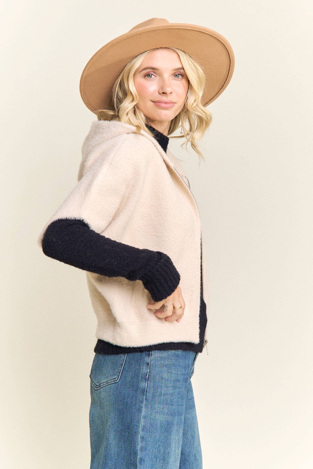 Short Sleeve Hooded Zip Up Fuzzy Sweater