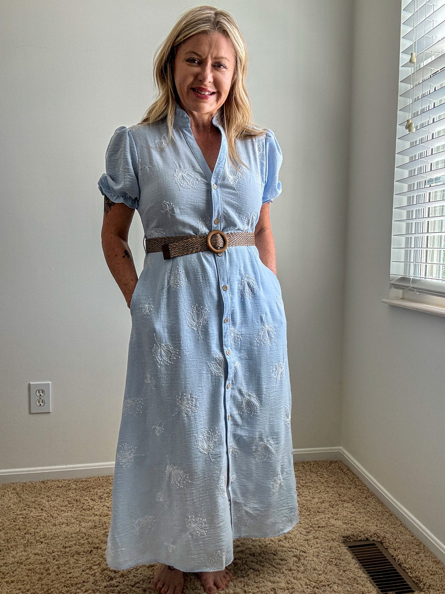 Embroidered Linen Blend Button Front Midi Dress