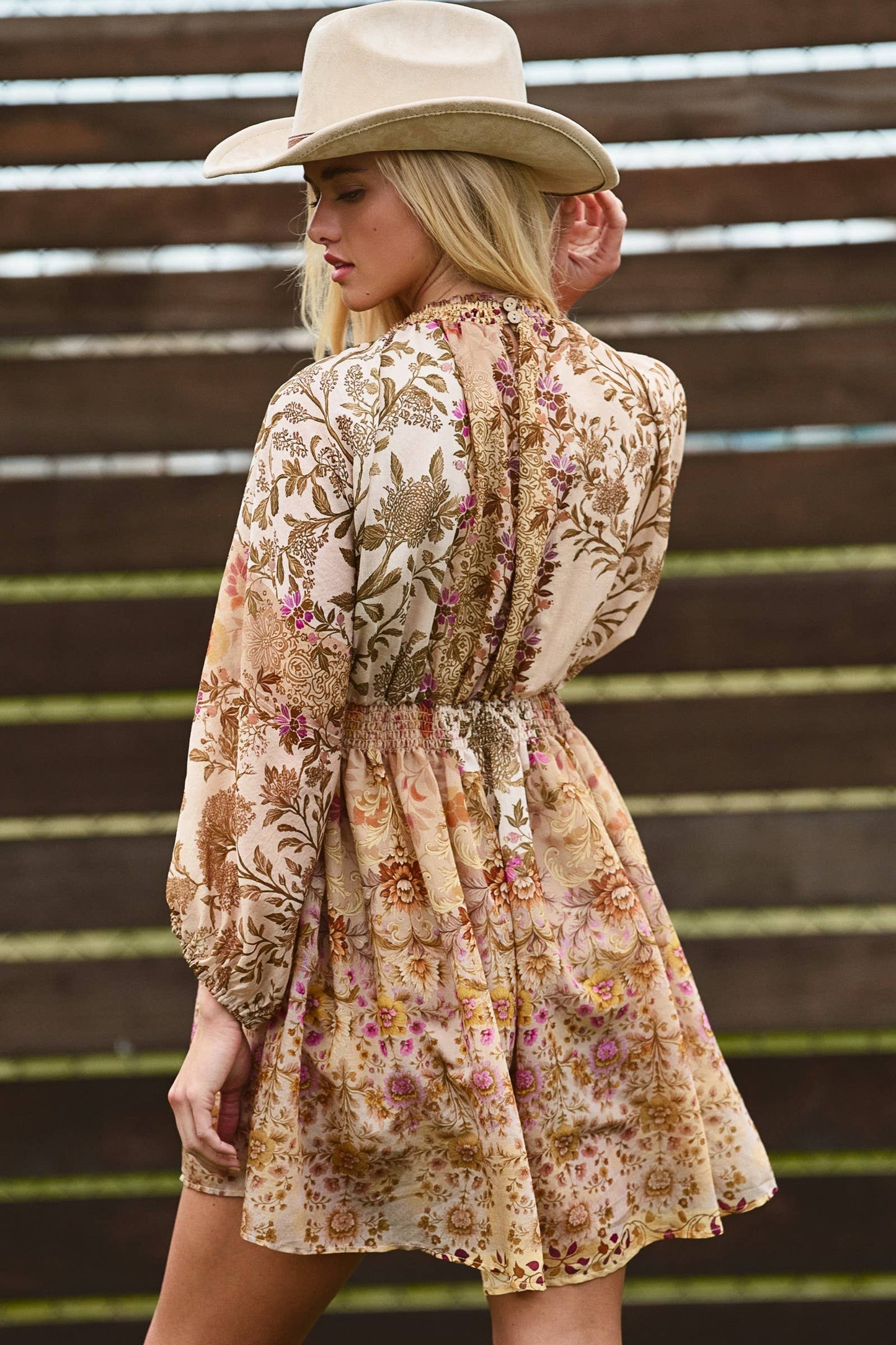 Mixed-Print Boho Smocked Waist Mini Dress