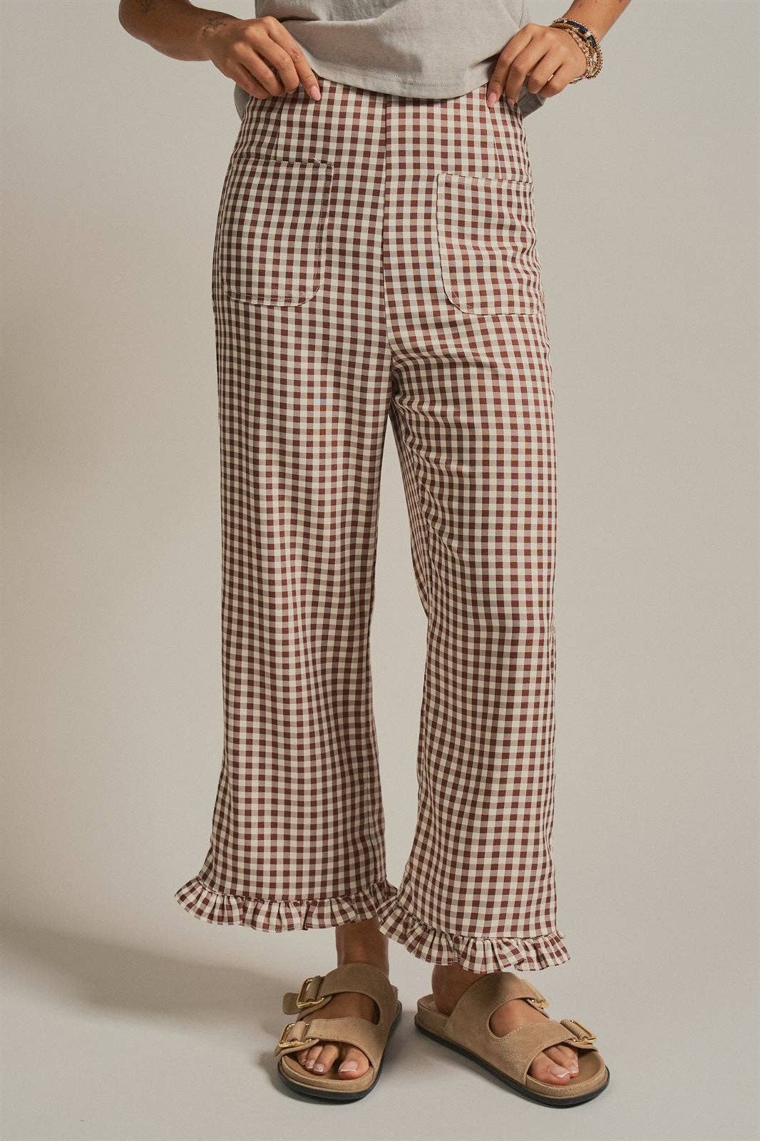 Gingham Ruffle Hem Cropped Wide Leg Pants