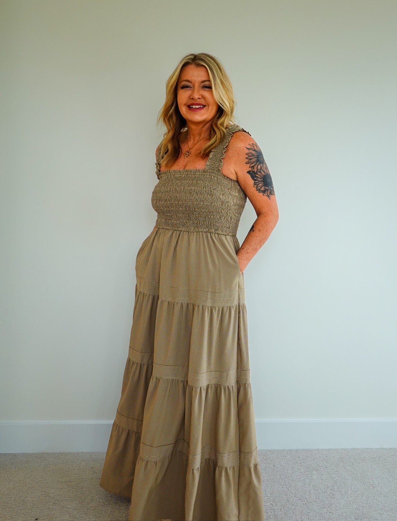 Striped Smocked-Bodice Tiered Dress