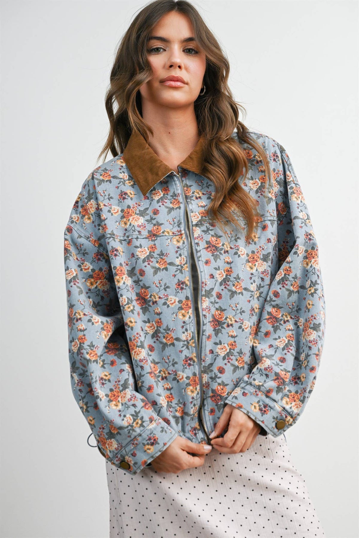 Floral Print Corduroy Collar Jacket