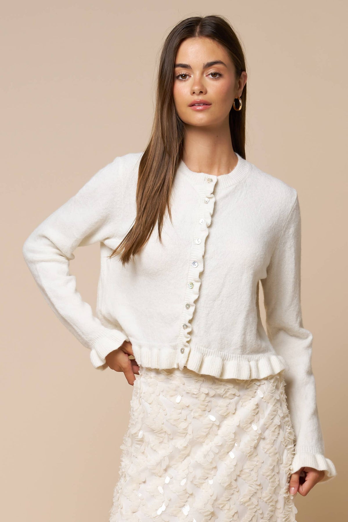 Ruffled Hem Long Sleeve Sweater Button-Down Cardigan