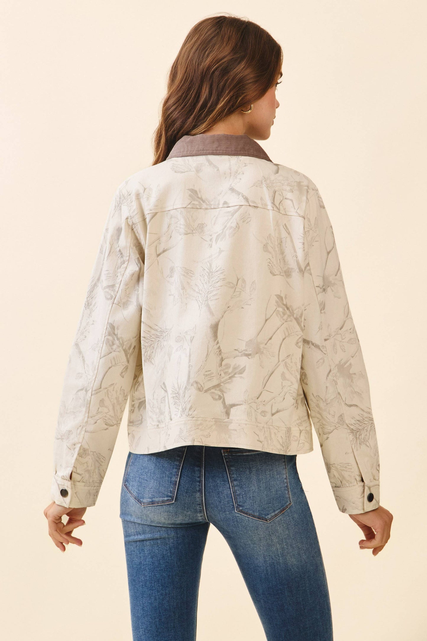 Floral Print Zip Front Corduroy Detail Jacket