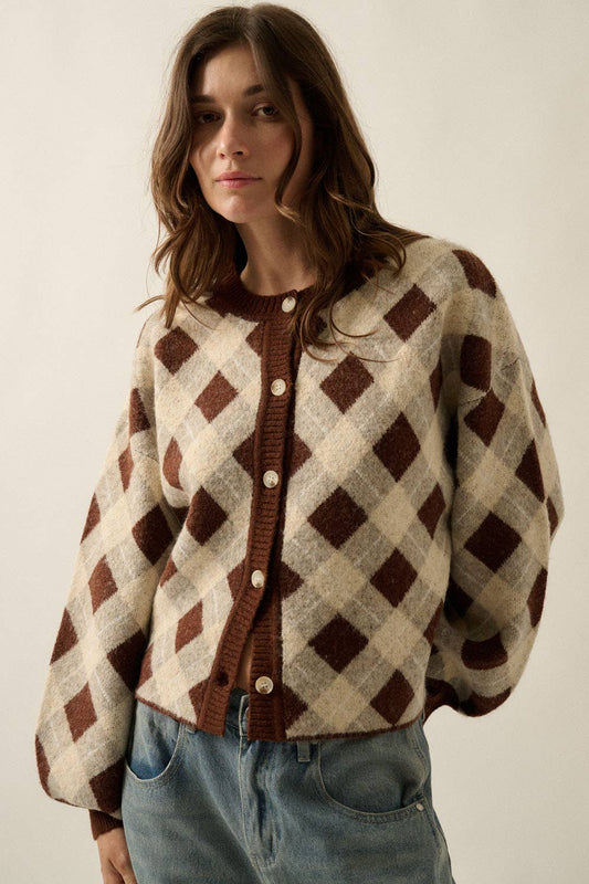 Plaid Jacquard-Knit Button-Front Crew-Neck Cardigan Sweater