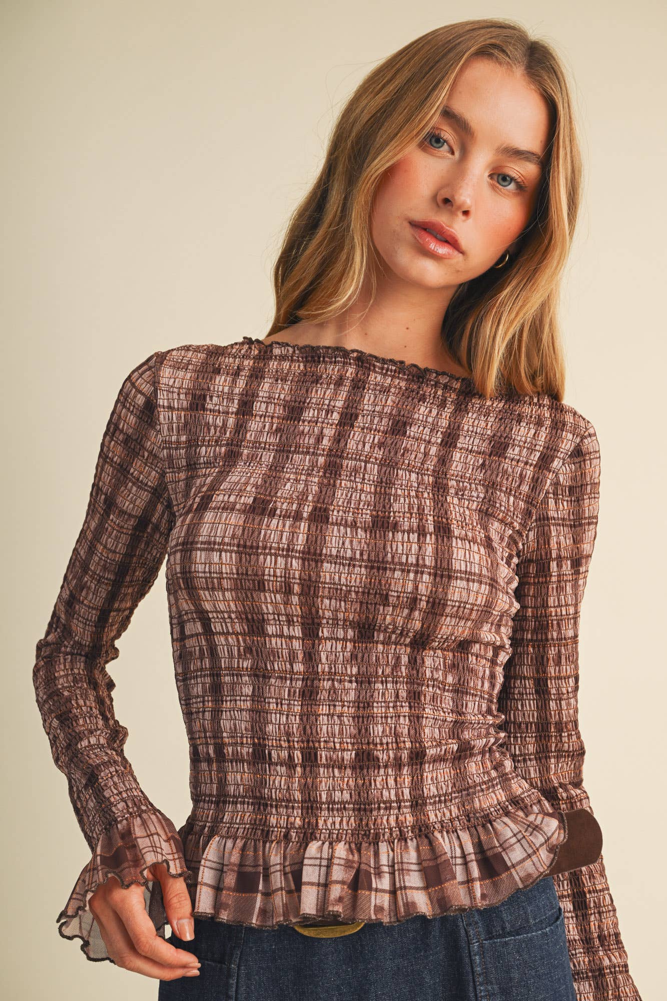Sheer Plaid Knit Shirred Pullover