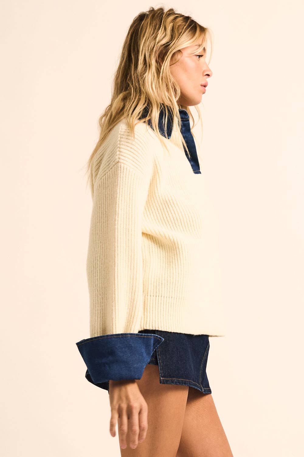 Rib-Knit and Denim Layered-Look Split-neck Collared Sweater