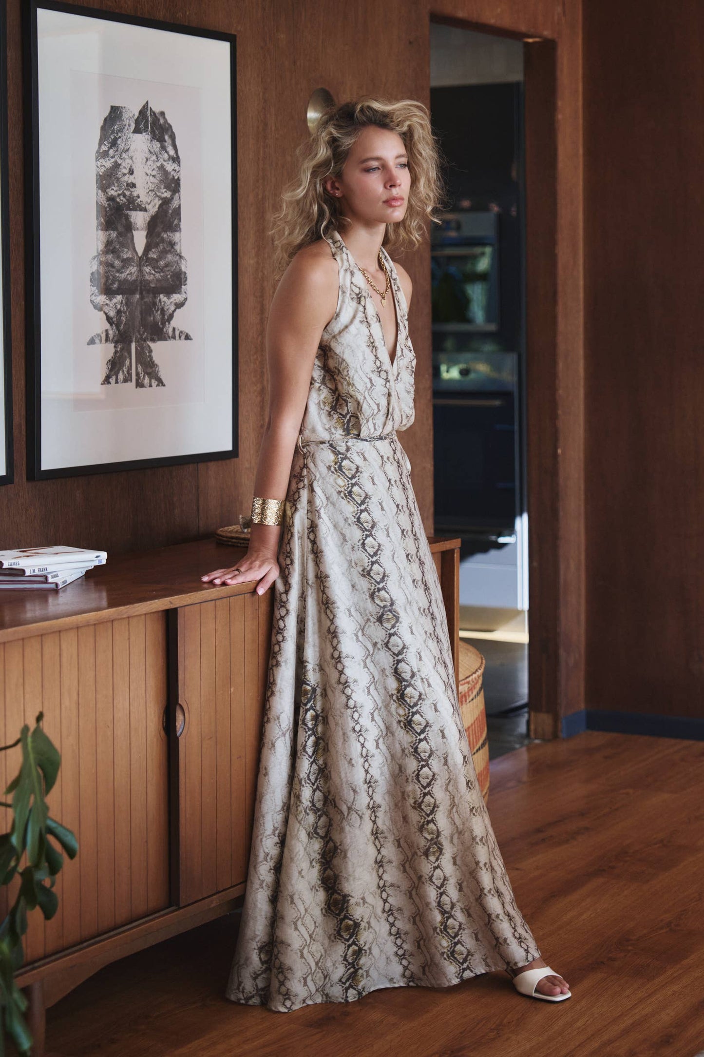 Snake Print Tencel Linen Halter Maxi Dress
