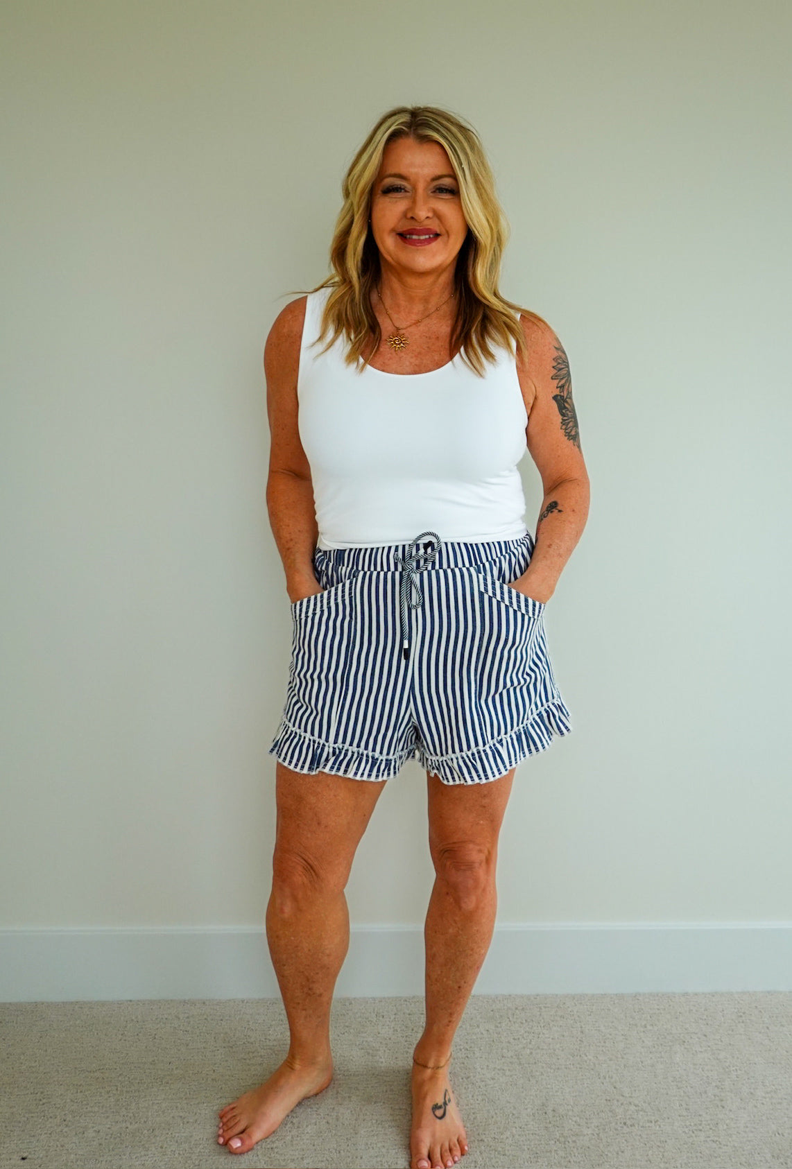 Striped Ruffle Hem Shorts