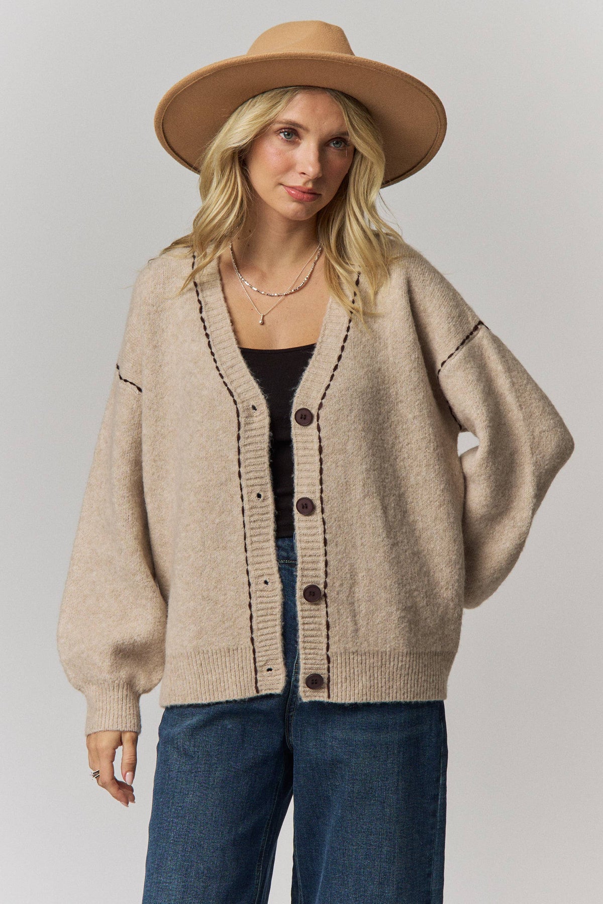 Contrast Stitch Button Front Cardigan- Taupe or Brown