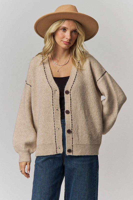 Contrast Stitch Button Front Cardigan- Taupe or Brown