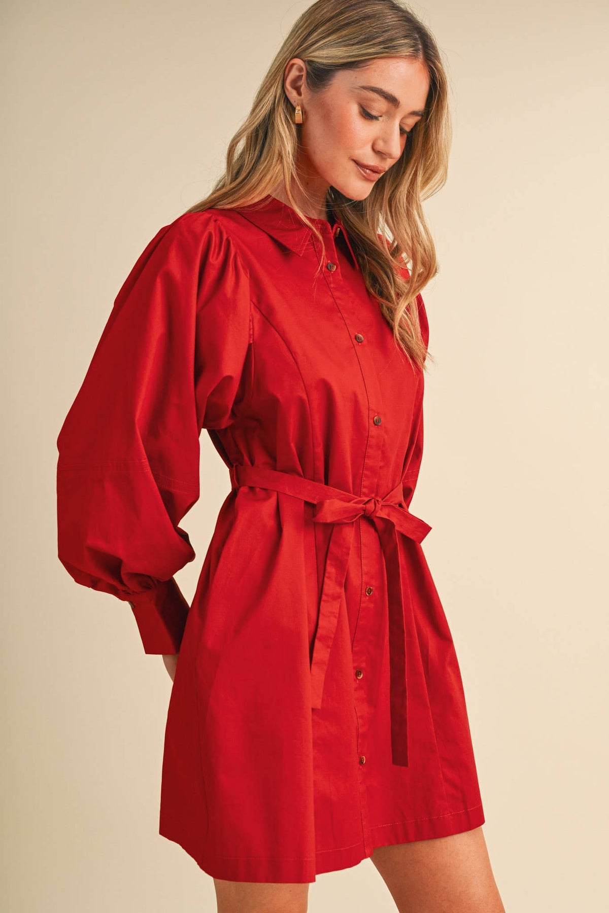Button Down Belted Mini Dress- Off White or Red