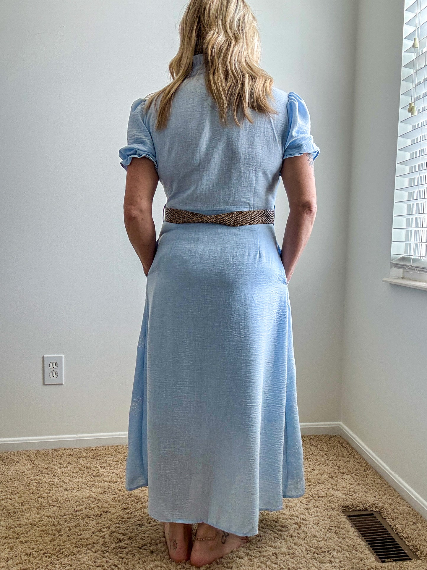 Embroidered Linen Blend Button Front Midi Dress