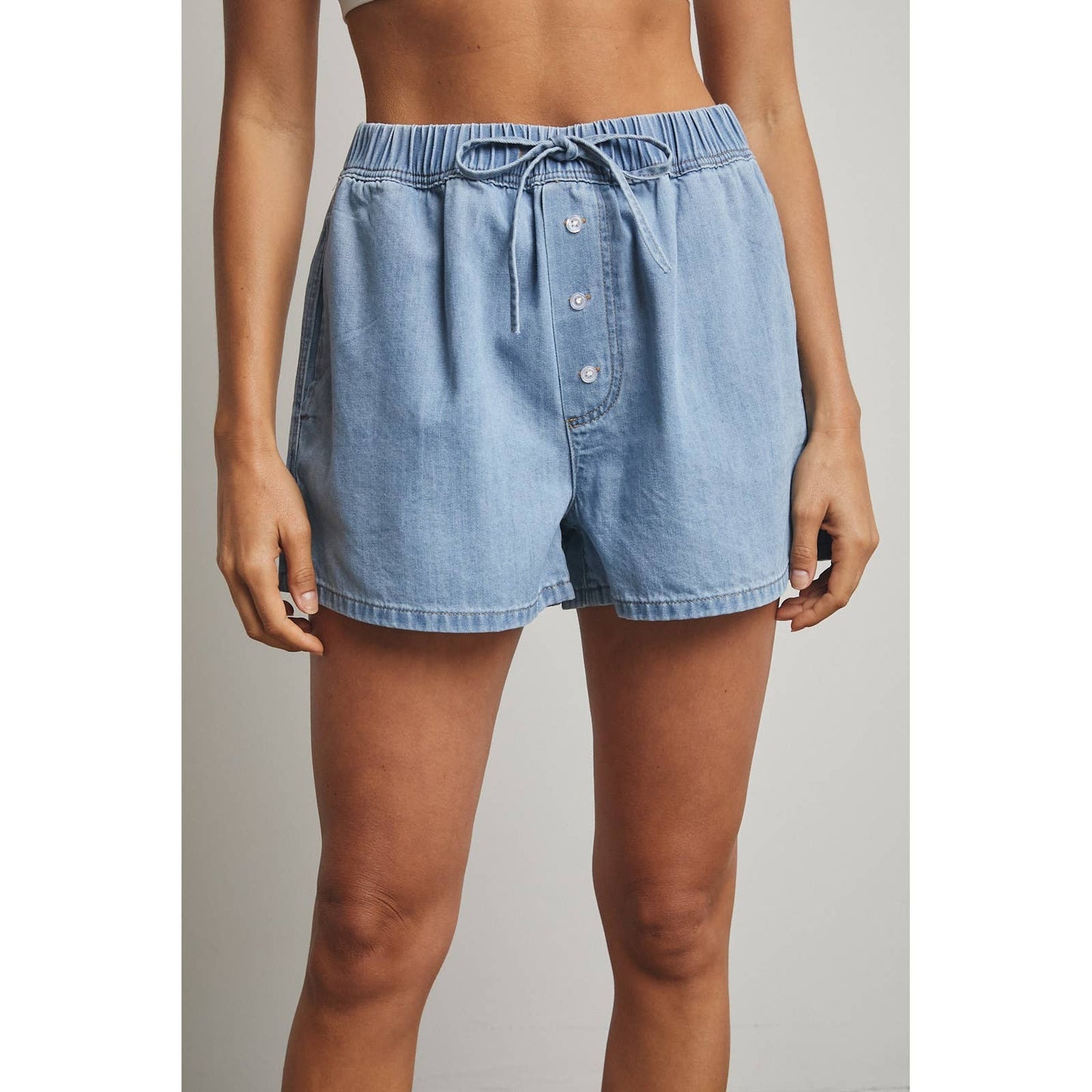 Button Front Drawstring Washed Denim Shorts