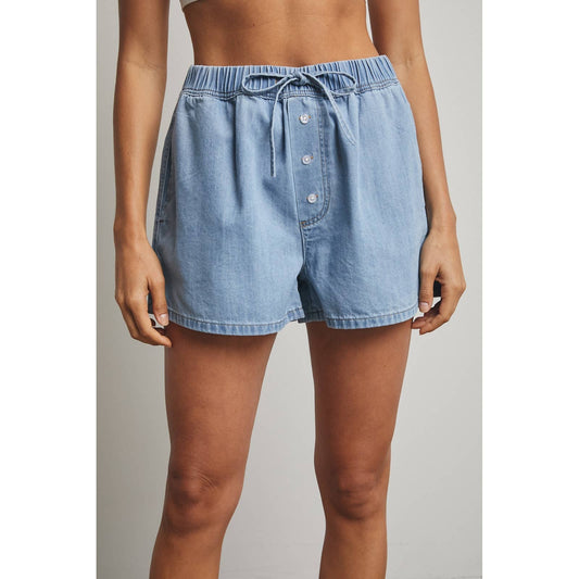 Button Front Drawstring Washed Denim Shorts