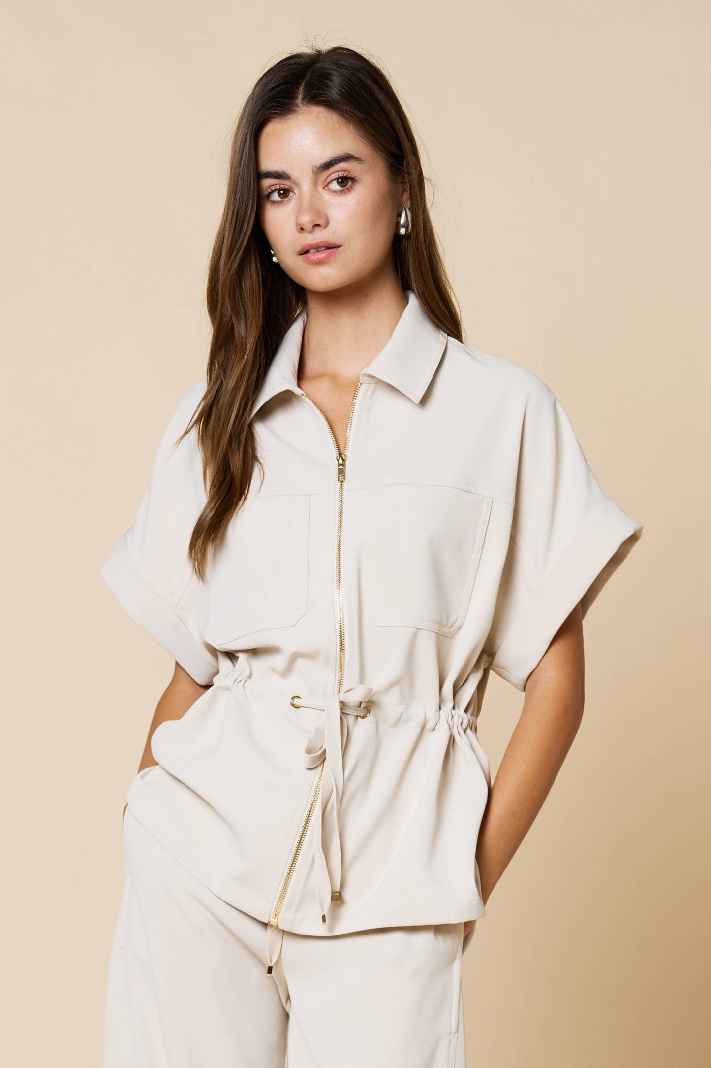 Front Zipper Drawstring Blouse