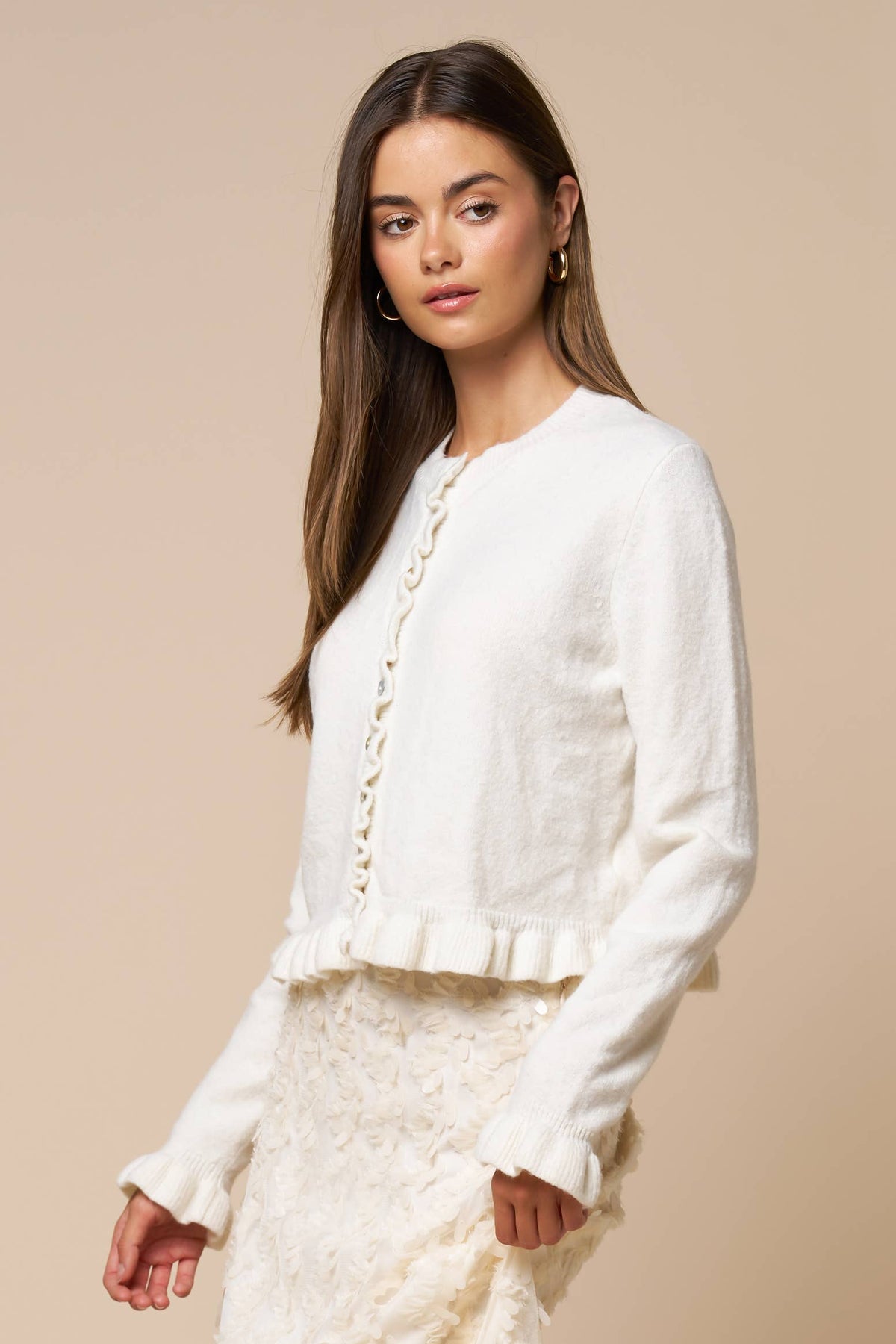 Ruffled Hem Long Sleeve Sweater Button-Down Cardigan