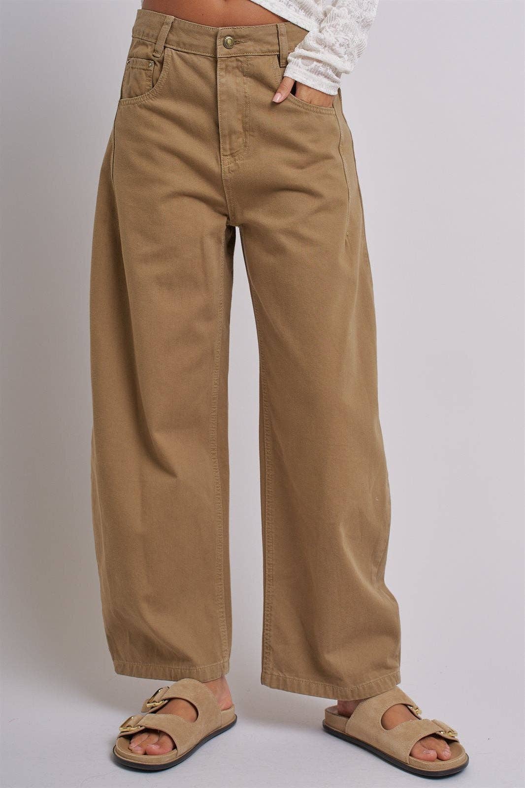Cotton Barrel Leg High Rise Pants