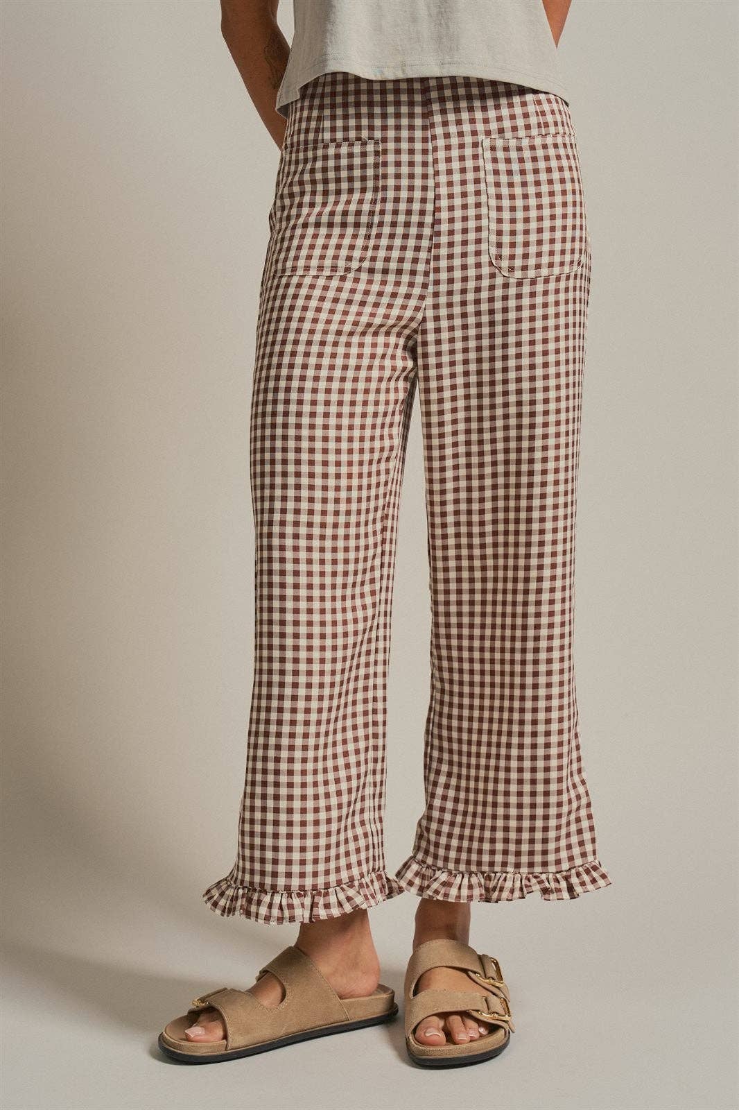 Gingham Ruffle Hem Cropped Wide Leg Pants