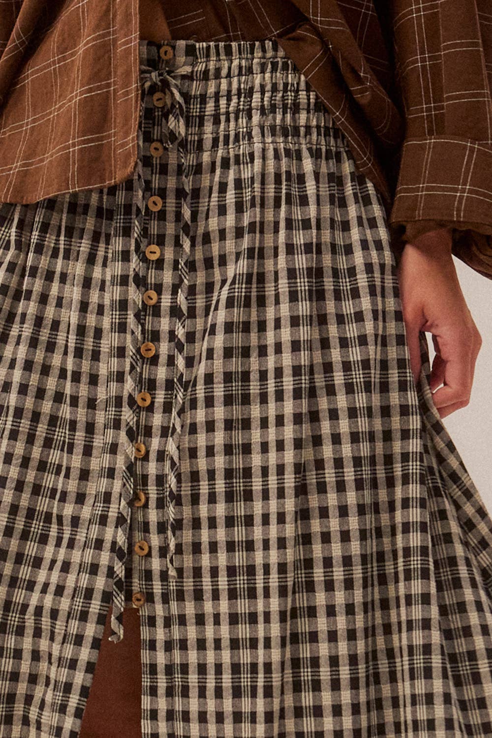 Woven Plaid Button-Front Ruffle-Hem Drawstring Maxi Skirt