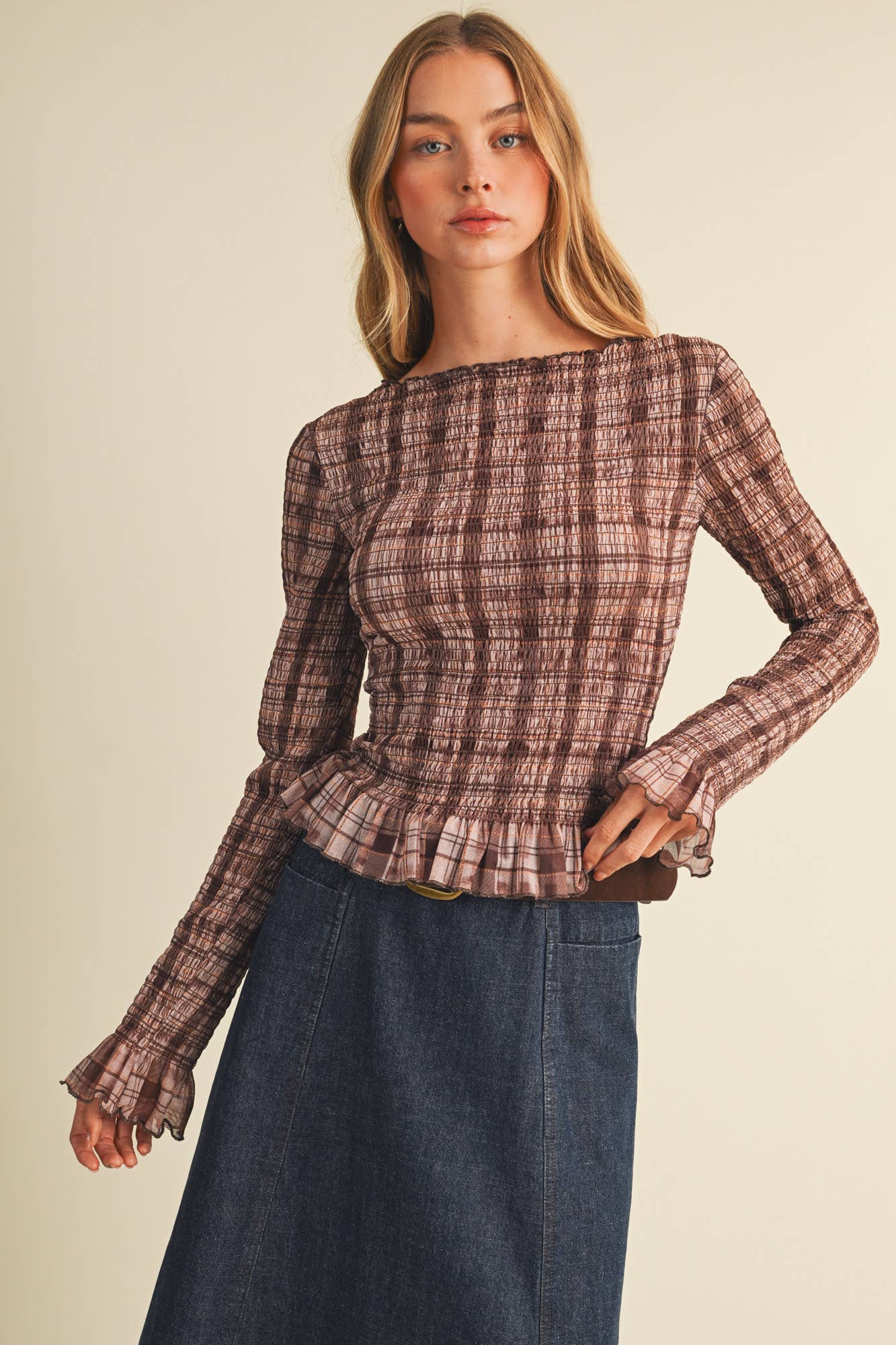 Sheer Plaid Knit Shirred Pullover