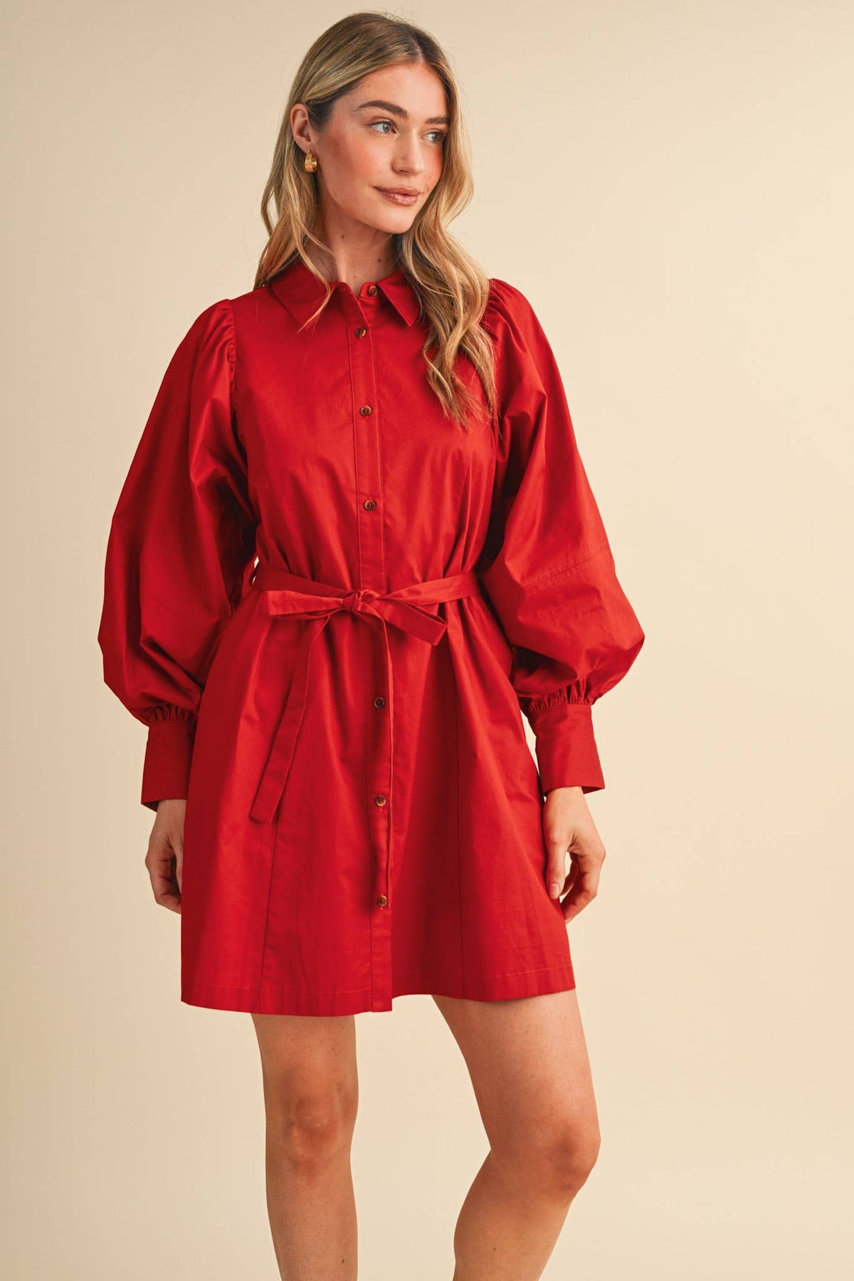 Button Down Belted Mini Dress- Off White or Red