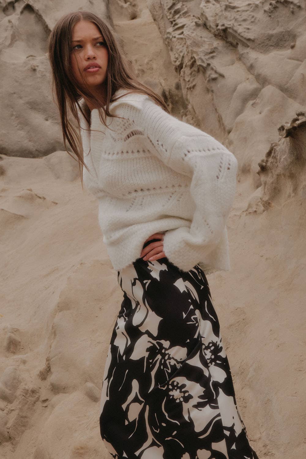 Fuzzy Pointelle Loose-Fit Sweater