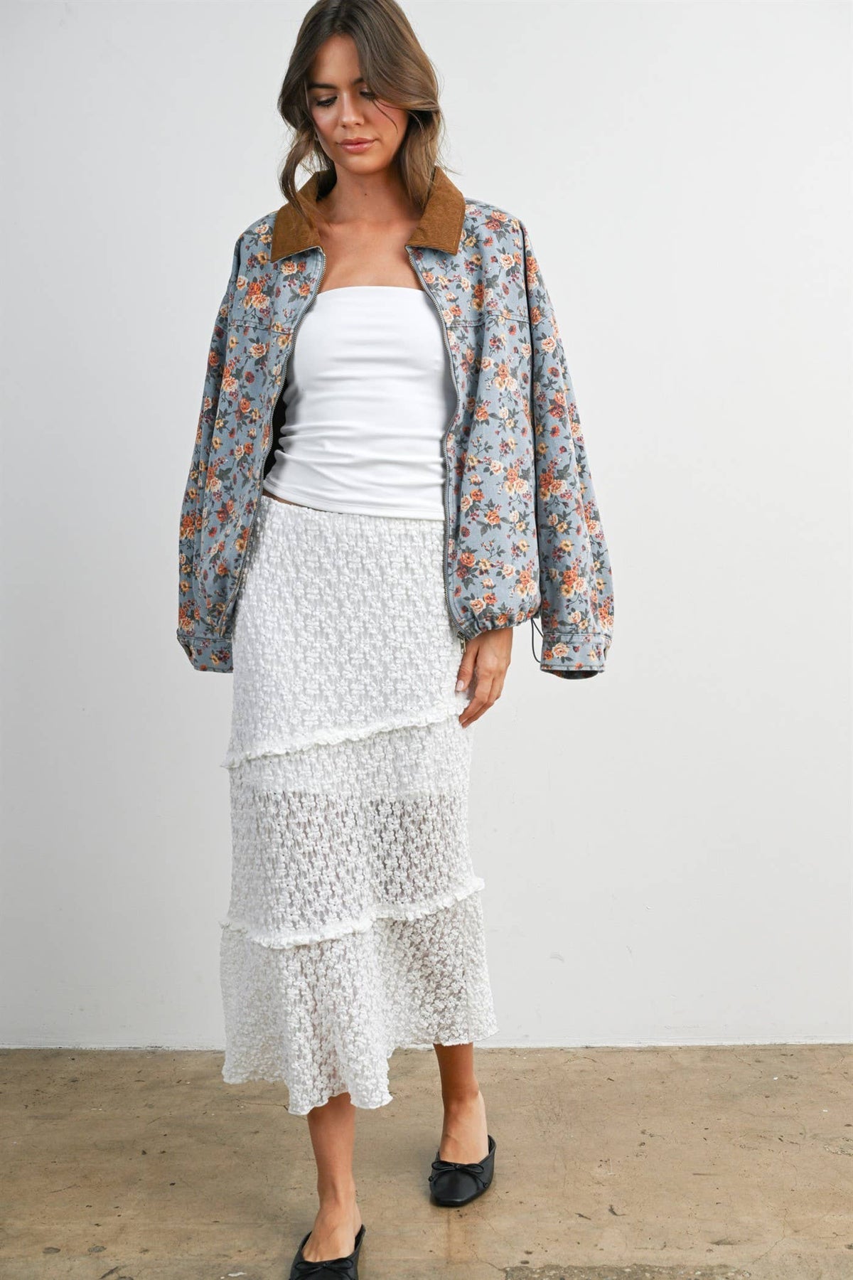 Floral Print Corduroy Collar Jacket