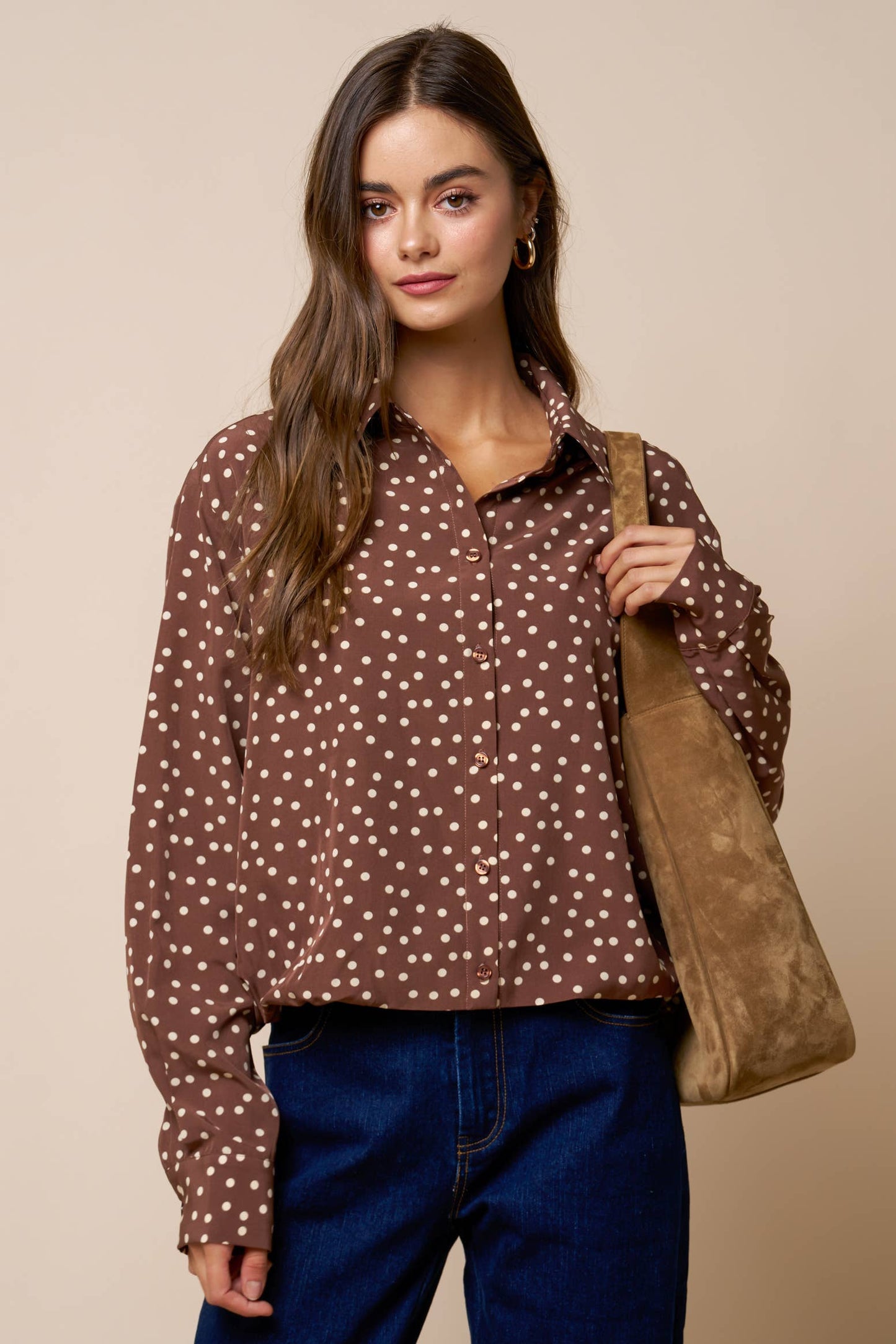 Collared Polka Dot Button Down Blouse