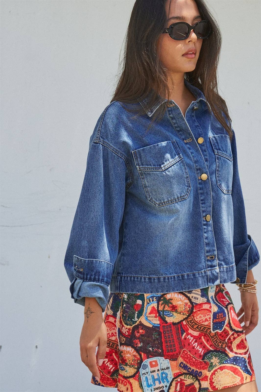 Vintage Wash Denim Shirt Jacket With Gold Buttons