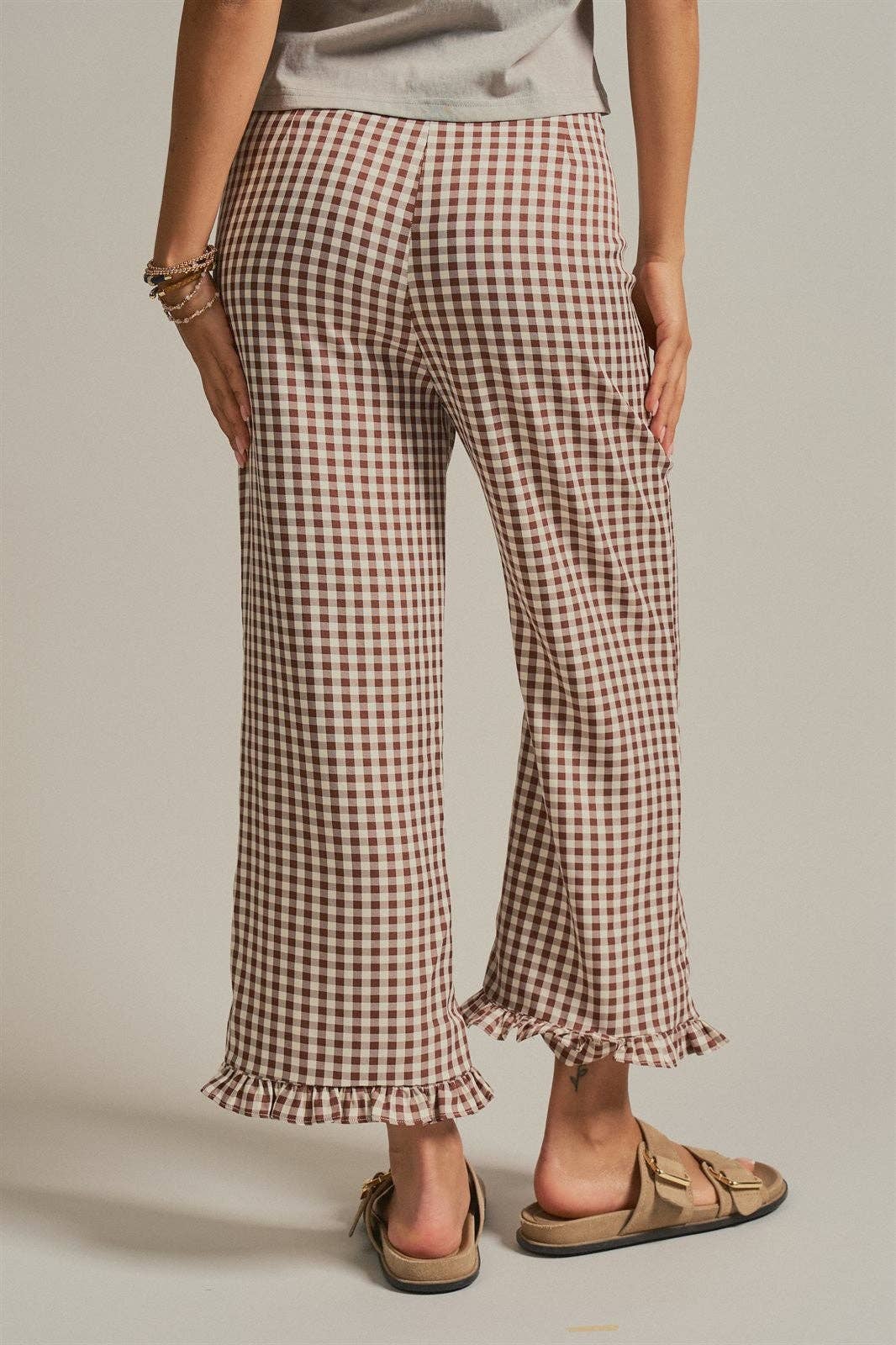 Gingham Ruffle Hem Cropped Wide Leg Pants