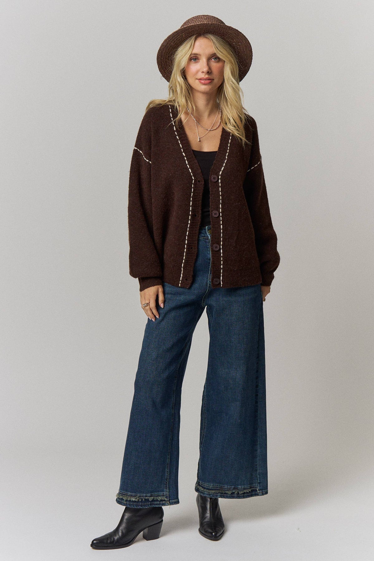 Contrast Stitch Button Front Cardigan- Taupe or Brown